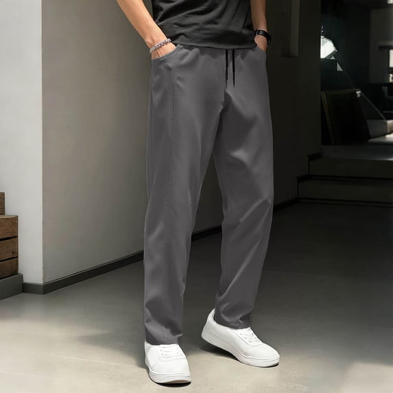 Casual Straight Pants for Men Solid Color Elastic Waist Drawstring Pocket Long Trousers Men's Breathable Everyday Pants