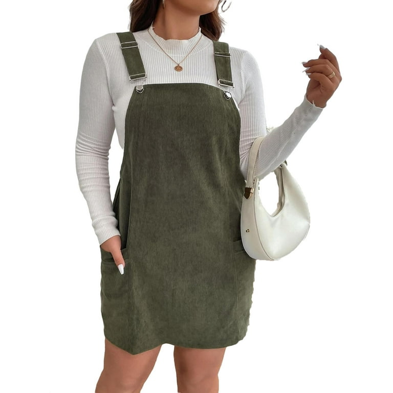 Casual Straps Pinafore Corduroy Overall Dress Army Green Plus Size Dresses  (Women's)
