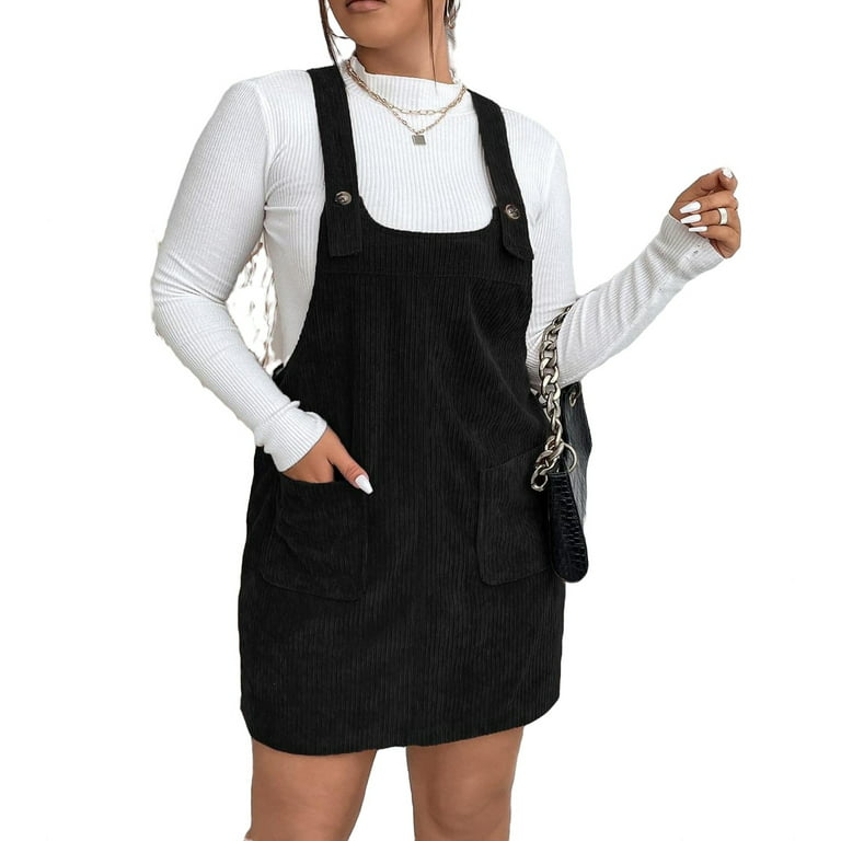 Casual Straps Pinafore Corduroy Overall Dress Black Plus Size Dresses ( Women's) 