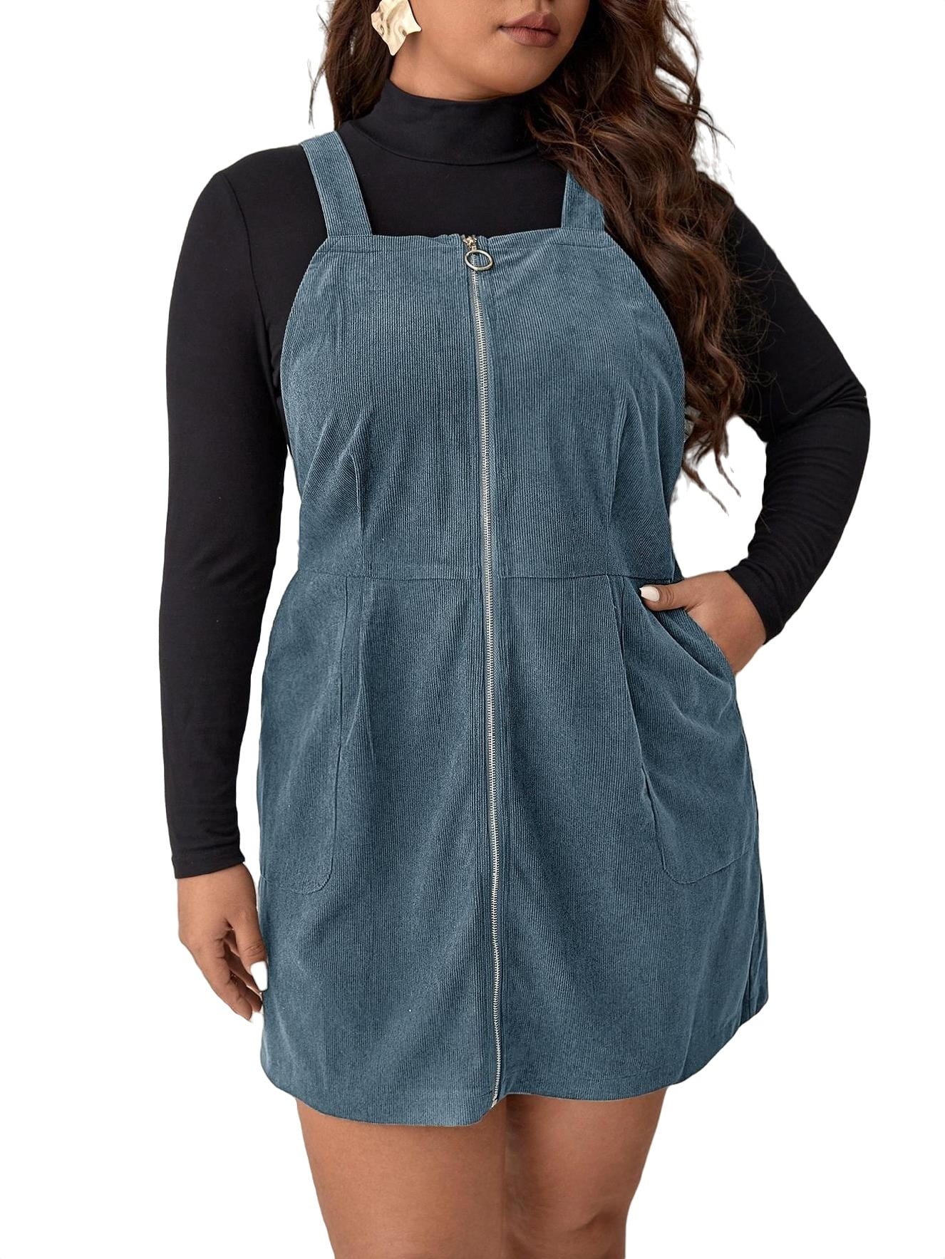 Plus Button Side Pinafore Denim Dress  Plus size pinafore dress, Pinafore  dress outfit, Denim pinafore dress