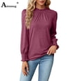 thumbnail image 1 of New Casual Street Tops Women Lantern Sleeve Pullover Solid Fashion Leisure Basic T-Shirt White Red Ruched Tees Shirt, 1 of 2