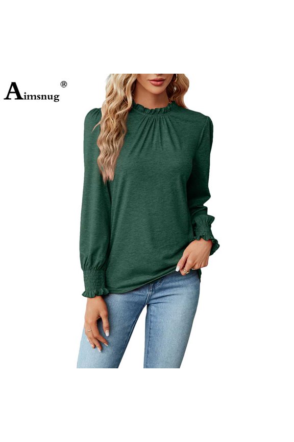 Casual Street Tops Women Lantern Sleeve Pullover Solid Fashion Leisure Basic T-Shirt White Red Ruched Tees Shirt