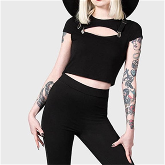 Casual Streetwear Hollow Out Short Sleeve Crop Tops Punk Grunge O-neck Cut Slim T-shirts Women Acubi Gothic T-shirt