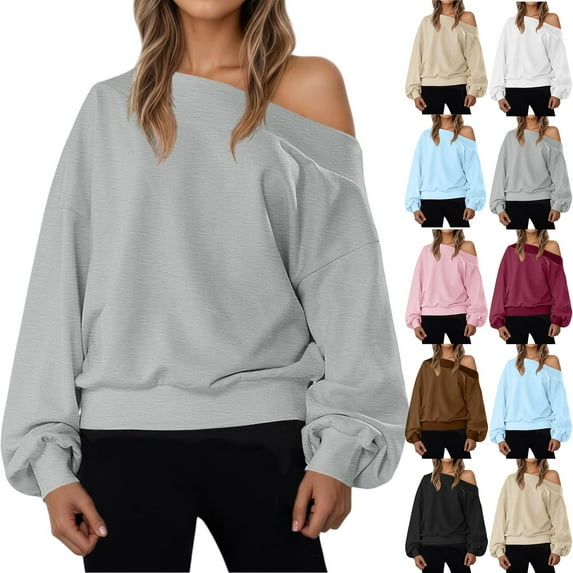 Casual Streetwear Off Shoulder Sweatshirt for Women Oversized Long Sleeve Pullover Tops Pink XL