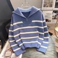 thumbnail image 1 of Casual Stripe Knitted Sweater Spring Autumn Fashion Vintage Half Zipper Pullover Women's Short Tops Loose Chic Sweaters (blue,XXL), 1 of 7