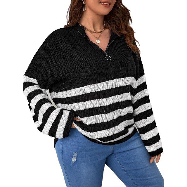 Casual Striped Collar Pullovers Long Sleeve Black and White Plus Size