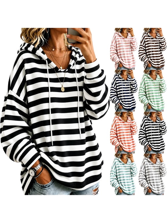 Casual Striped Hooded Sweatshirt for Women, V-Neck Drawstring, Loose Oversized, Lazy Style, Long Sleeved Outerwear Black S