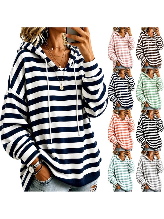 Casual Striped Hooded Sweatshirt for Women, V-Neck Drawstring, Loose Oversized, Lazy Style, Long Sleeved Outerwear Navy Xl