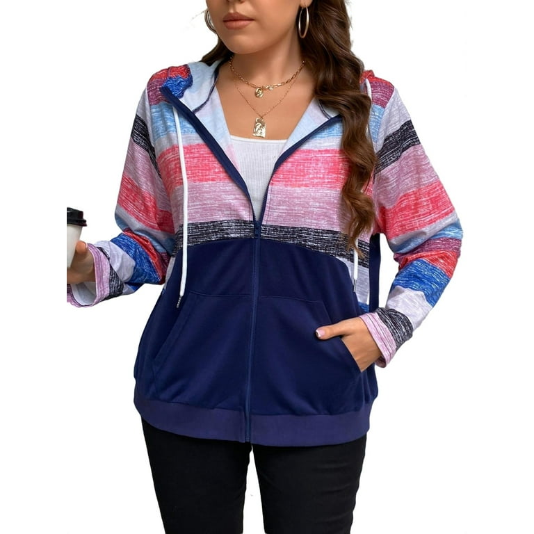 Casual Striped Hooded Zip Up Long Sleeve Multicolor Plus Size Sweatshirts Women s Plus