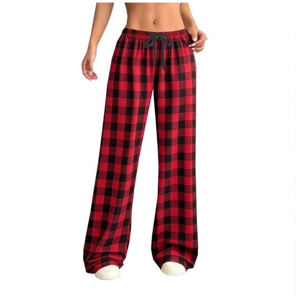 Casual Striped Pants for Women Lightweight Elastic Waist Trousers with Drawstring Wide Leg Gingham Sweatpants Lounge Trendy Pant Loose Fit Soft Pajama-Pant Spring Fall Bottoms 2026