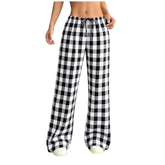 Casual Striped Pants for Women Lightweight Elastic Waist Trousers with Drawstring Wide Leg Gingham Sweatpants Lounge Trendy Pant Loose Fit Soft Pajama-Pant Spring Fall Bottoms 2026