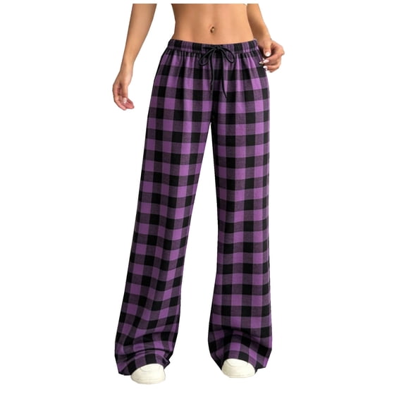 Casual Striped Pants for Women Lightweight Elastic Waist Trousers with Drawstring Wide Leg Gingham Sweatpants Lounge Trendy Pant Loose Fit Soft Pajama-Pant Spring Fall Bottoms 2026