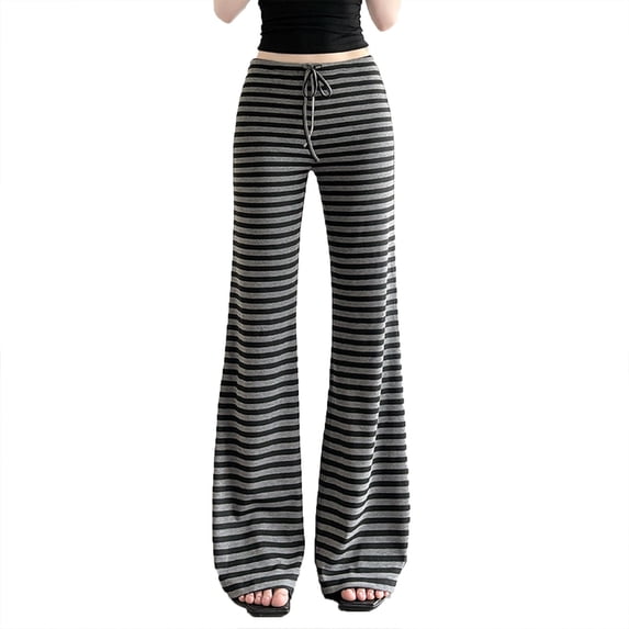 Casual Striped Pants for Women Stretch Wide Leg Lounge Yoga Pants Loose Drawstring High Waist Trousers Black, XL
