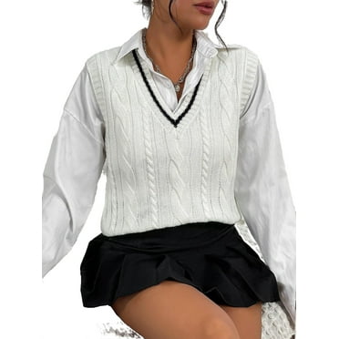 Casual Striped Pattern V neck White Women Sweater Vests Without Blouse (Women's)