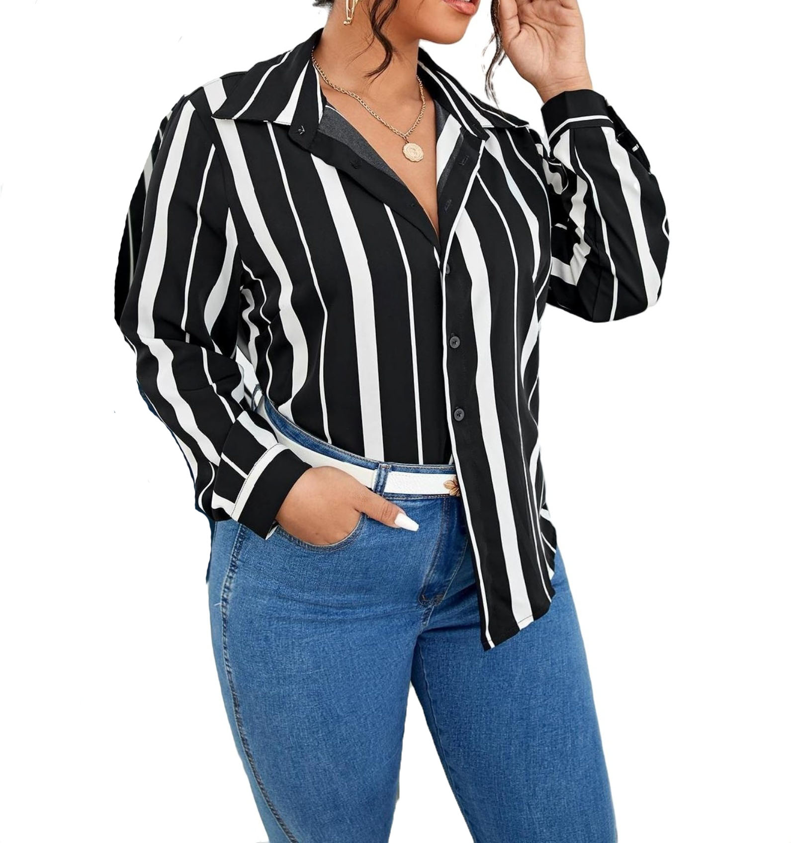 Casual Striped Print Collar Shirt Long Sleeve Black and White Plus Size ...