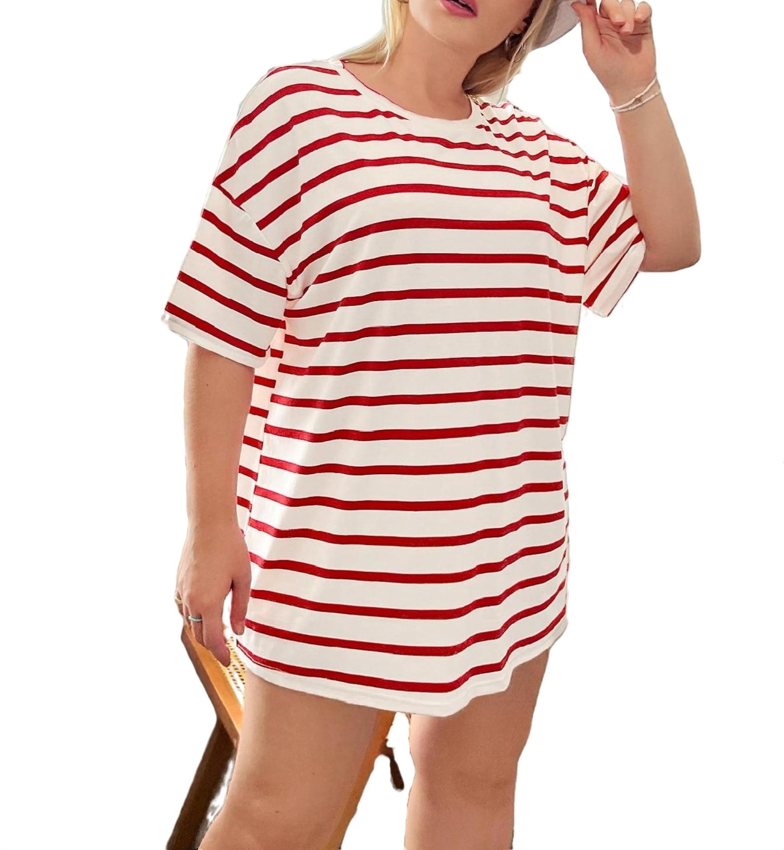 Casual Striped Print Round Neck Tee ElbowLength Red and White Plus Size Tshirts (Women's Plus