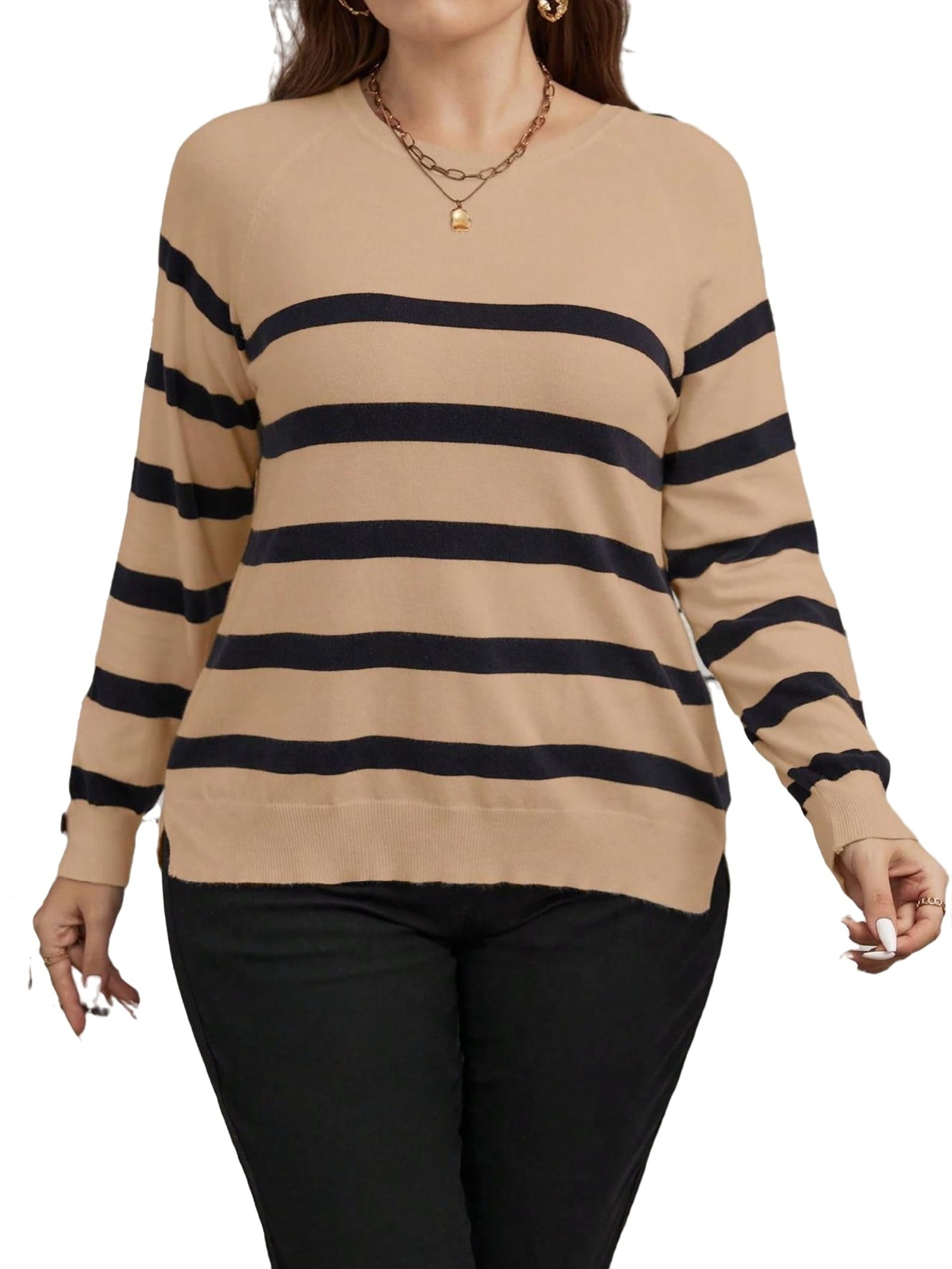 Casual Striped Round Neck Pullovers Long Sleeve Brown Plus Size Sweaters Women s Walmart