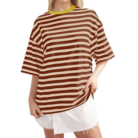 Casual Striped Round Neck Short Sleeve T Shirt for Spring Breathable, Minimalist Design, Suitable for Home & Outings, Multiple Sizes
