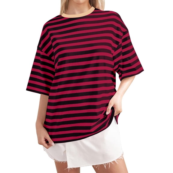 Casual Striped Round Neck Short Sleeve T Shirt for Spring Breathable, Minimalist Design, Suitable for Home & Outings, Multiple Sizes