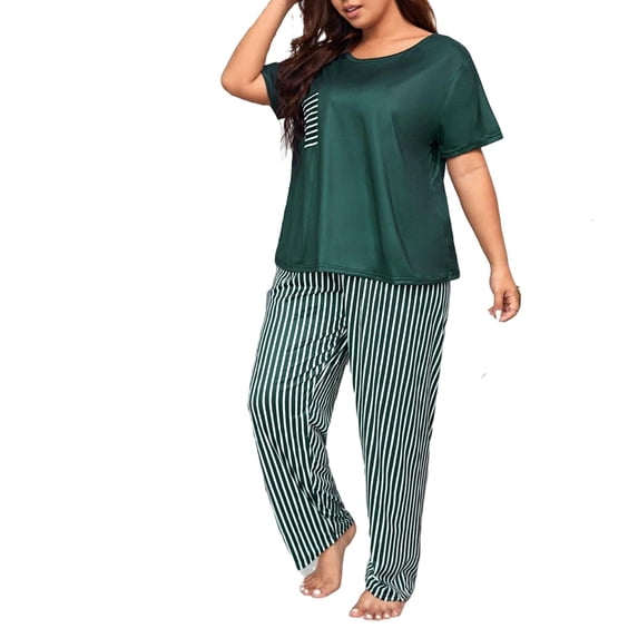 Casual Striped Round Neck Tee Pant Sets Short Sleeve Green Plus Size Pajama Sets (Women's)