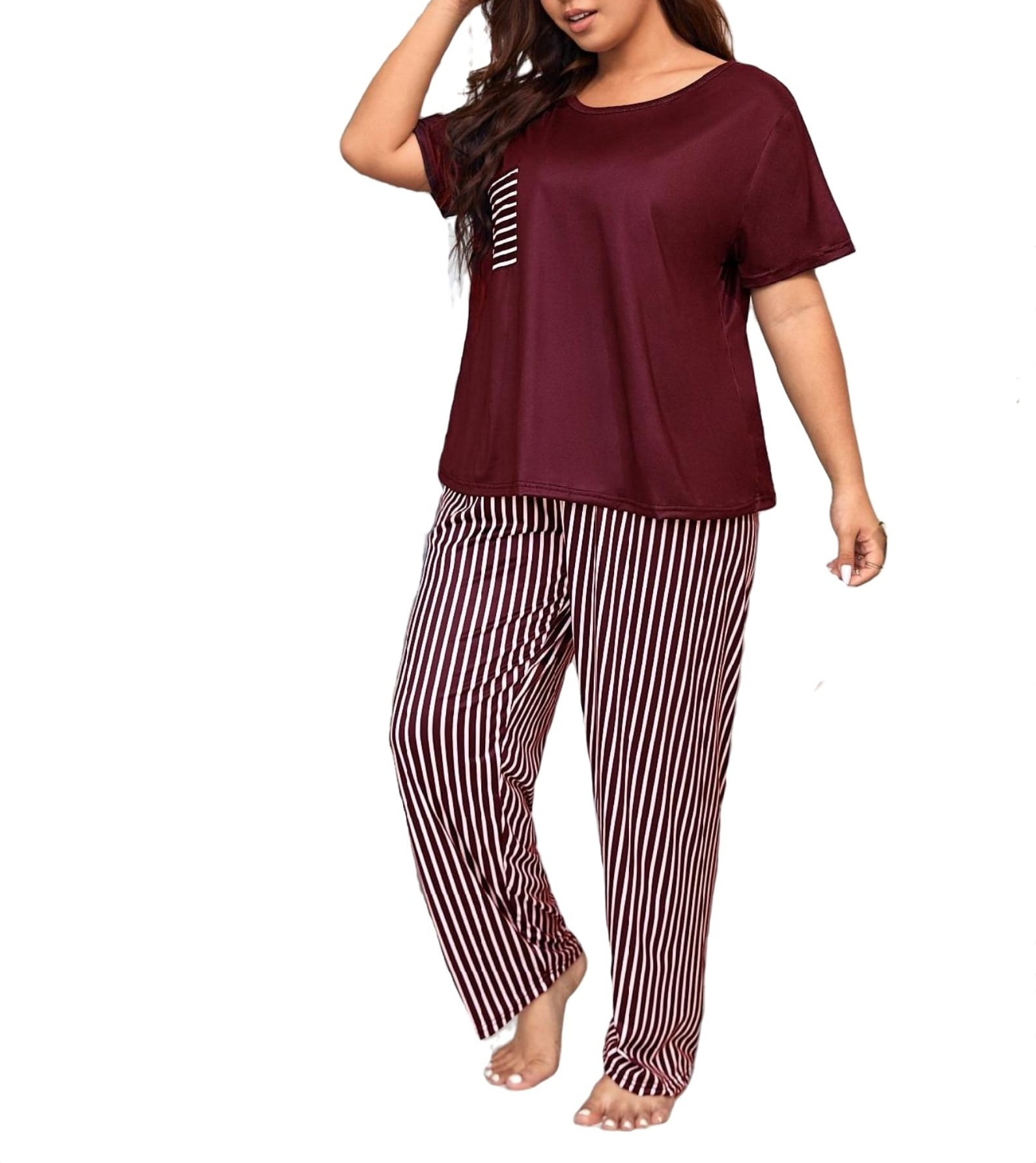 Walmart Women's Plus Size Pajama Sets Casual Striped Round Neck Tee