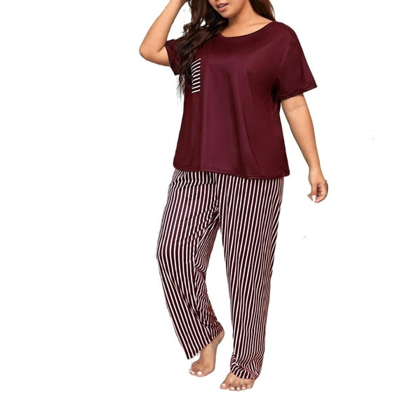Casual Striped Round Neck Tee Pant Sets Short Sleeve Red and White Plus Size Pajama Sets (Women's)