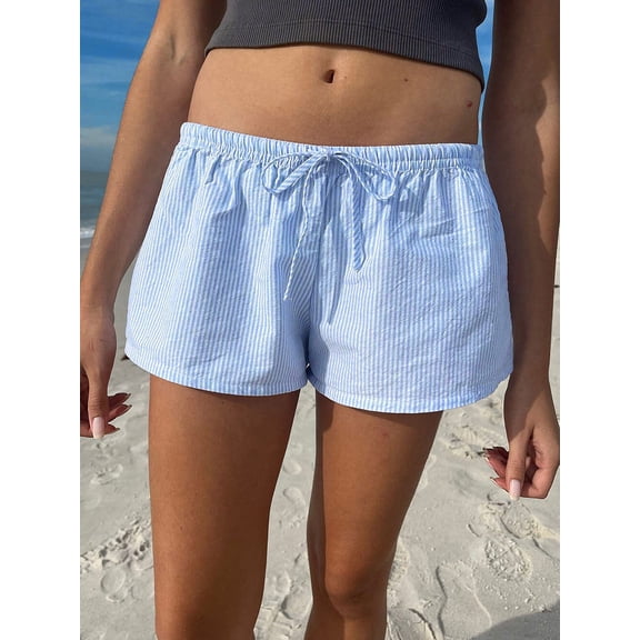 Casual Striped Shorts Women y2k Clothing Drawstring Elastic Waist Loose Fit Wide Leg Bottoms 2000s Aesthetic Streetwear