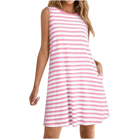 Casual Striped Tank Dress for Women Sleeveless Round Neck Relax Fit Going Out A Line Beach Sundress with Pockets