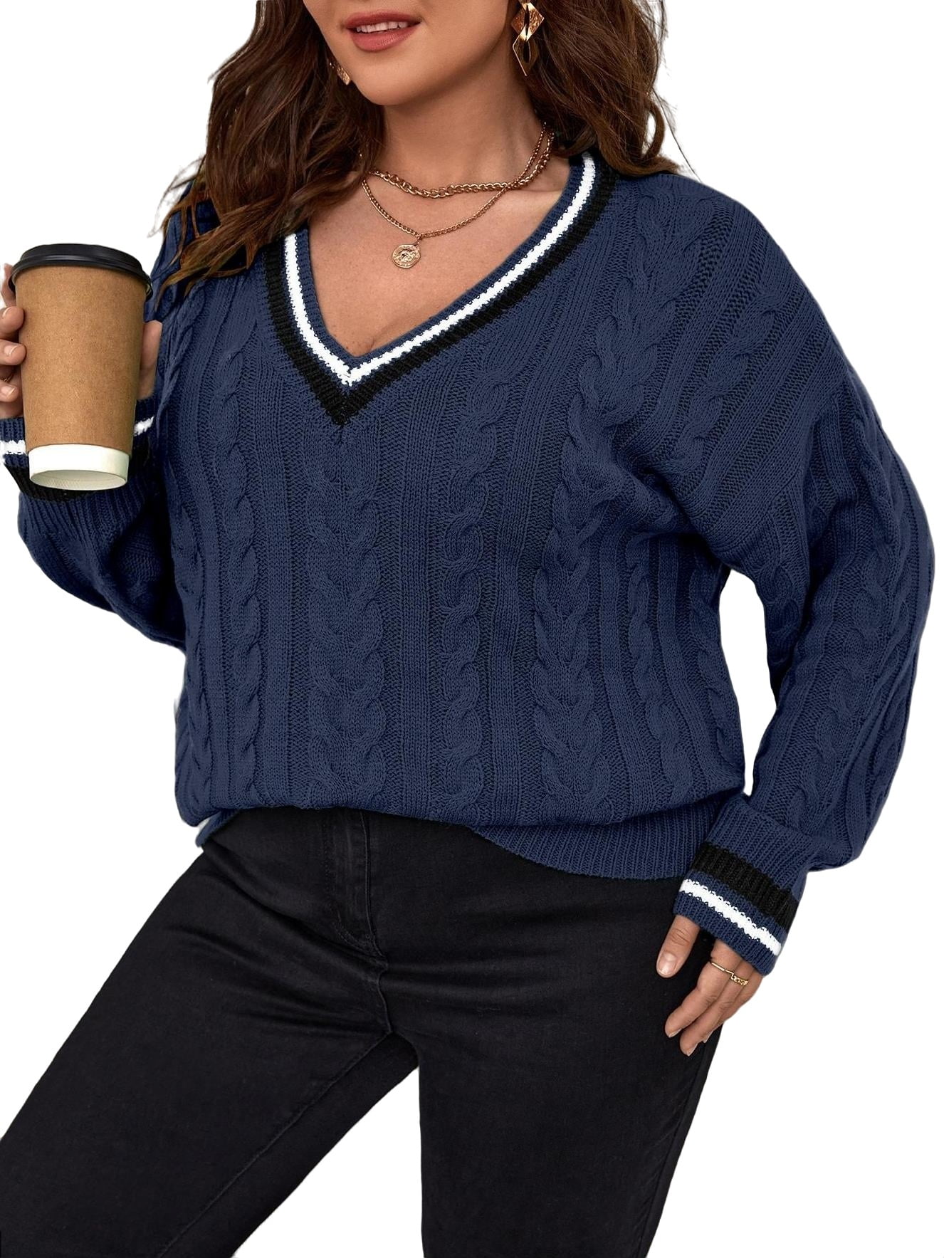 Women Plus Size Casual V Neck Hollow out Striped Pullover Sweatshirt