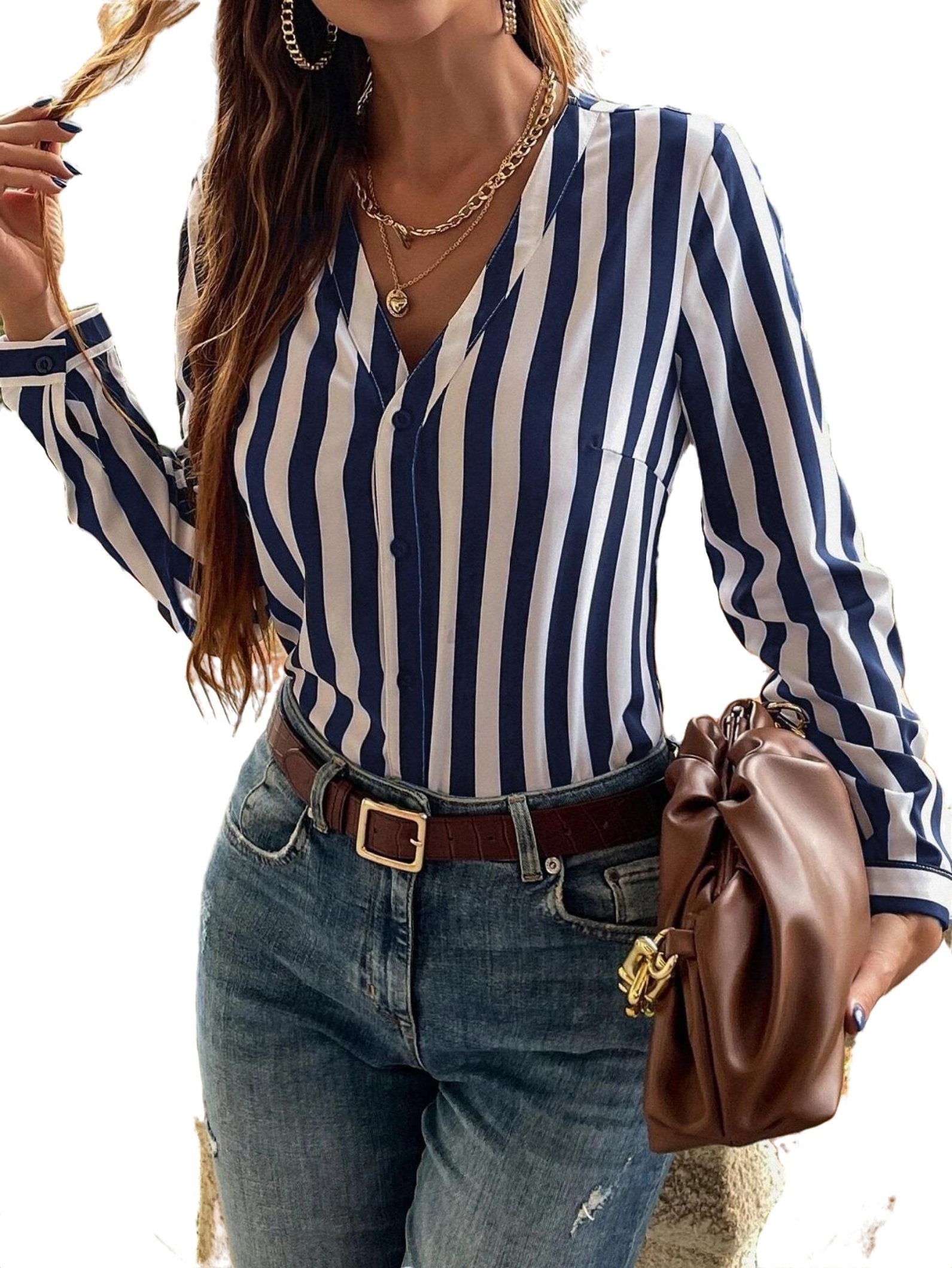 Oversized Blue Striped Cotton Blouse With V Neck And Puff Sleeves All Day Comfort For Women main image 0