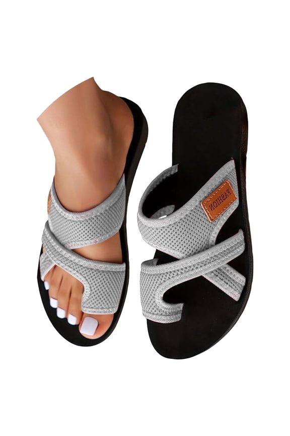 Casual Style Mesh Toe-Loop Slide Sandals Non-slip Soft Sole Shoes Breathable Summer Footwear Gray1 44