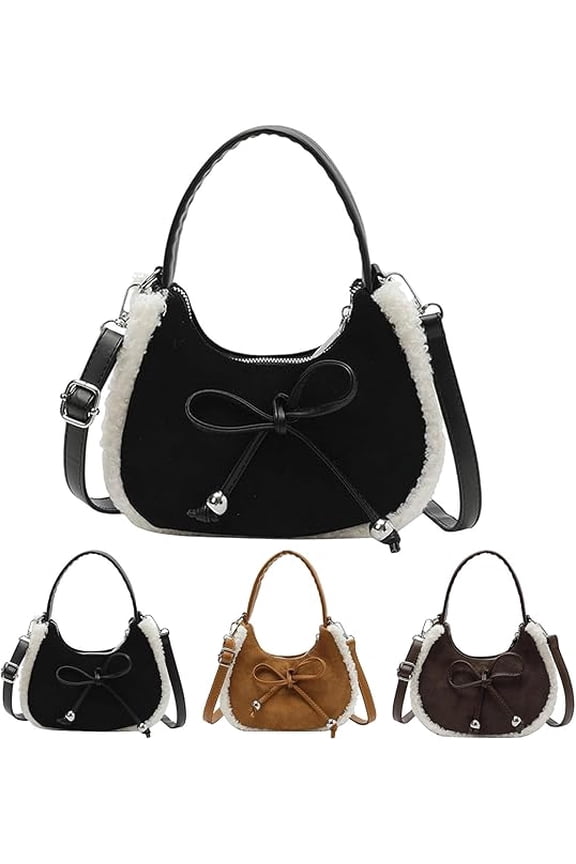 Casual Suede Plush Crossbody Bag with Bow, Vintage Suede Shoulder Bag with Zipper, Faux Fur Adjustable Shoulder Bag(Black)