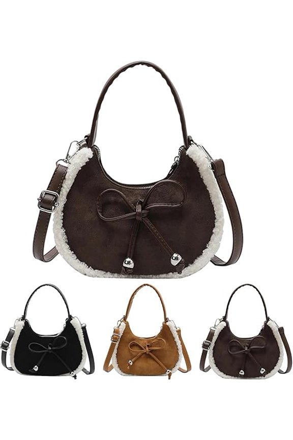 Casual Suede Plush Crossbody Bag with Bow, Vintage Suede Shoulder Bag with Zipper, Faux Fur Adjustable Shoulder Bag(Coffee)