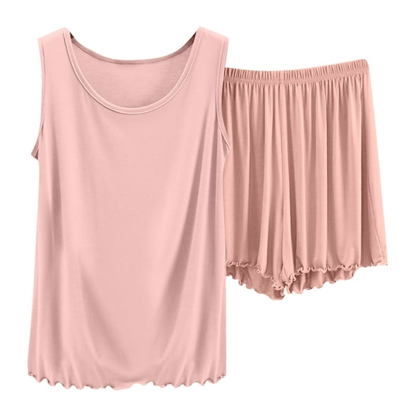 Casual Suit Set Womens Soft Pajama Sets Summer Casual Short Sleepwear, Round Neck Tank Tops Wide Leg Shorts Loungewear Sleep Outfits L