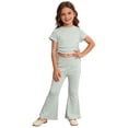thumbnail image 1 of Casual Suit for Girls Elastic Short Sleeve Top Flared Pants Two Piece Boys and Girls Outfits,Light Green,Size 3 -4 Years, 1 of 5