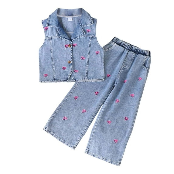 Casual Suit for Girls Floral Print Sleeveless Denim Jacket Pants Two Piece Girls Summer Clothes,Blue,Size 6 -7 Years