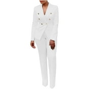 LLYWEY Casual Suits for Women 2 Piece Sets for Women Clothing Set Female Long Sleeve Blazer Sets Notched Lapel Neck Business Suit Sets Full Pant Style S_2 Women's Tracksuits White S