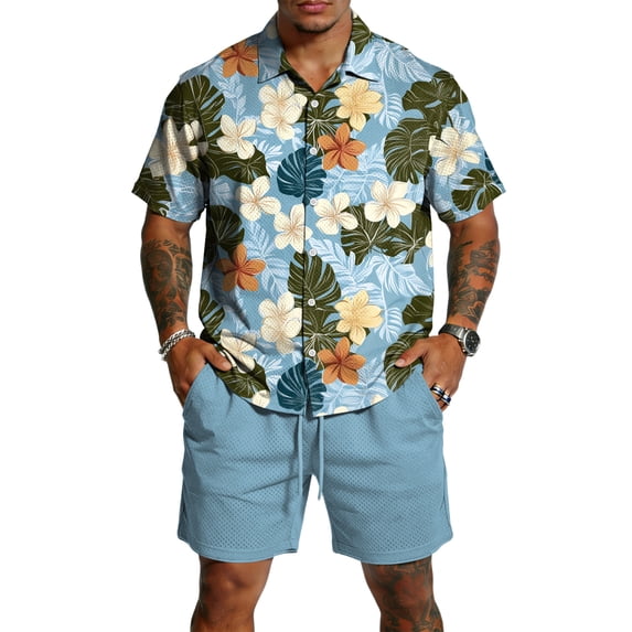 Casual Summer 2 Piece Tracksuit Men's Hawaiian Tropical Print Short Sleeve Shirt with Pocket and Daily Shorts Light Blue S