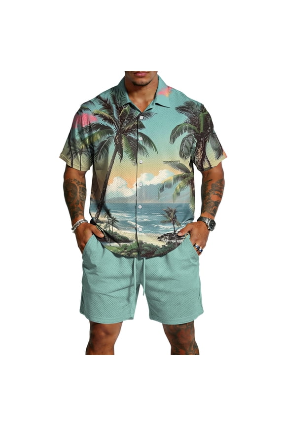 Casual Summer 2 Piece Tracksuit Men's Hawaiian Tropical Print Short Sleeve Shirt with Pocket and Daily Shorts Mint Green L