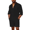 thumbnail image 1 of Casual Summer Beach Wedding Linen Sets for Men Short Sleeve Button Down Shirt with Shorts 2 Piece Outfits Size 3XL Black, 1 of 9