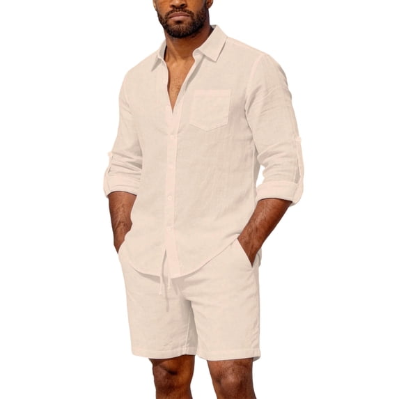 Casual Summer Beach Wedding Linen Sets for Men Short Sleeve Button Down Shirt with Shorts 2 Piece Outfits Size 3XL Khaki
