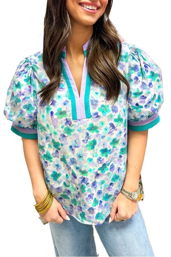 Casual Summer Blouse for Women - Vibrant Floral Pattern and Flattering V Neck | [ZhiHiMeRi] | (US 4-6)S