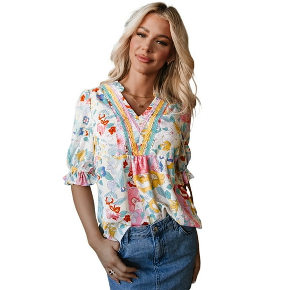 Casual Summer Blouse with Floral Print and V Neck - Feminine Design - [ZhiHiMeRi] | (US 8-10)M