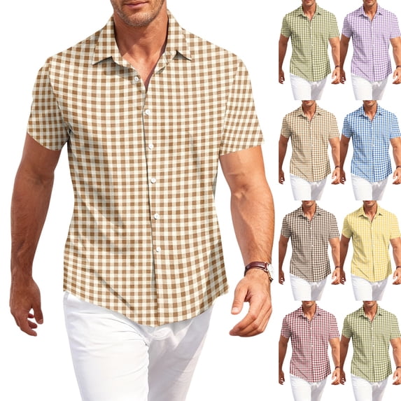 Casual Summer Button Down Shirts for Men Short Sleeve Gingham Print Loose Fit Tops Breathable Beach Vacation Wedding Shirts,XXL,Brown
