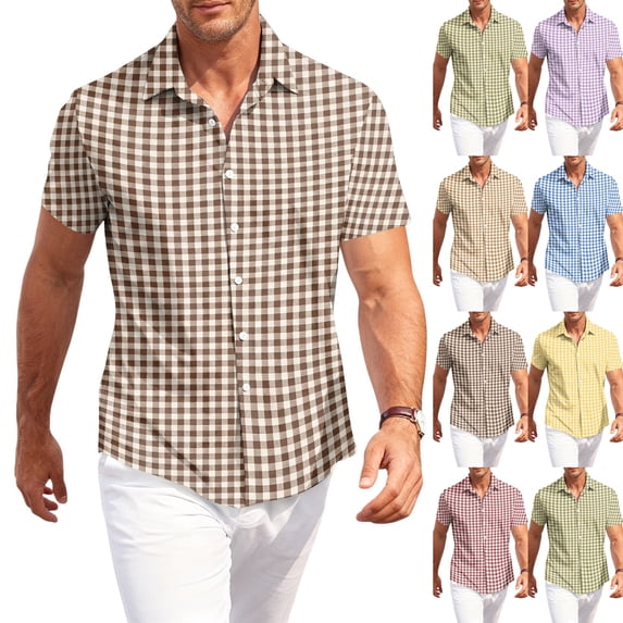 Casual Summer Button Down Shirts for Men Short Sleeve Gingham Print Loose Fit Tops Breathable Beach Vacation Wedding Shirts,XXL,Coffee