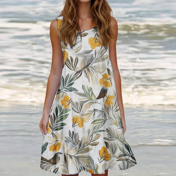Casual Summer Dress Women's Fashion Holiday Summer Solid Color Sleeveless Party Beach Dress Yellow XXXL