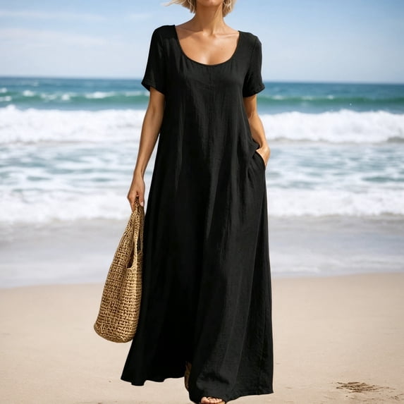 Casual Summer Dress for Everyday Wear Lightweight Loose Fit Short Sleeves Solid Color Style Women’s Casual Tennis Dress Female Everyday Attire Black L