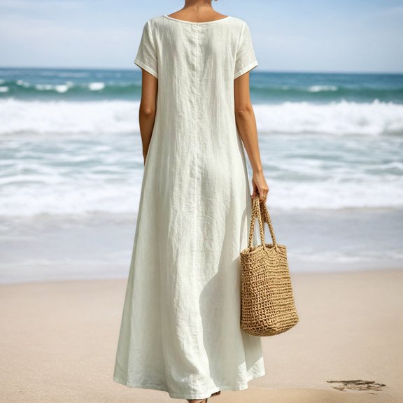 Casual Summer Dress for Everyday Wear Lightweight Loose Fit Short Sleeves Solid Color Style Women’s Casual Dress Female Everyday Attire White 3XL