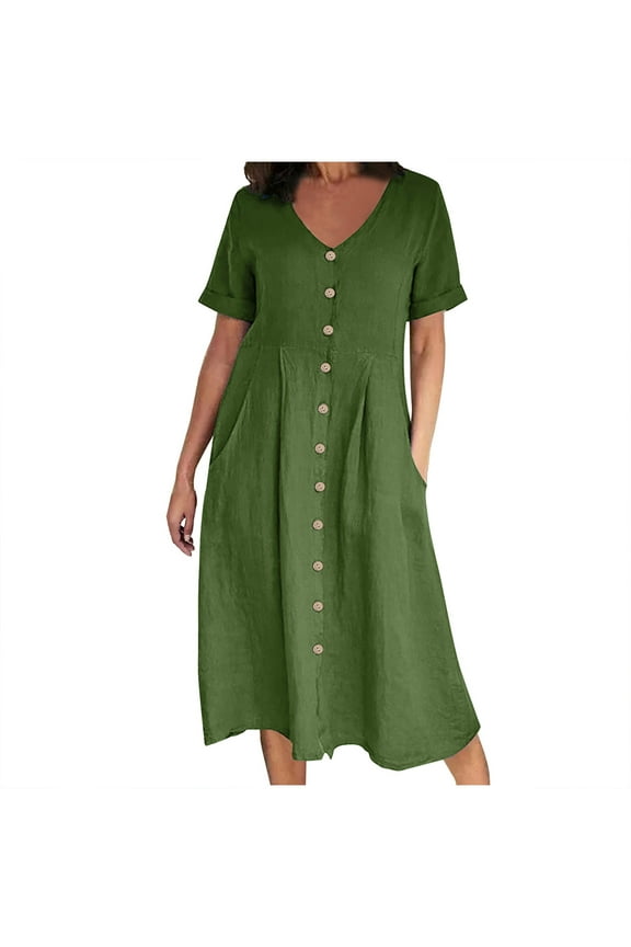 Casual Summer Dress for Womens Cotton Linen Button Down Midi Dress with Pockets V neck Short Sleeve Plus Size (3X-Large, Green)