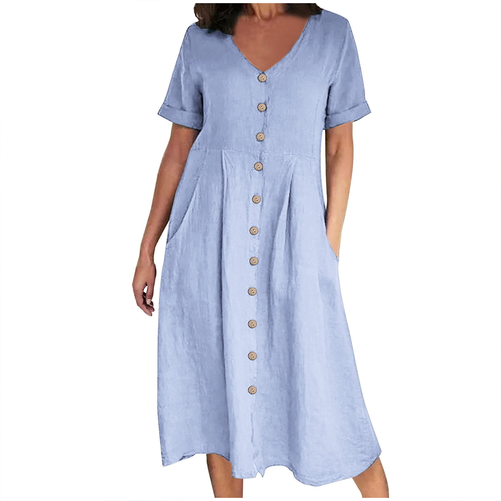 Women Plus Size Casual Lapel Collar V Neck Side Slit Short-sleeve Coffee Midi Dress with Pocket